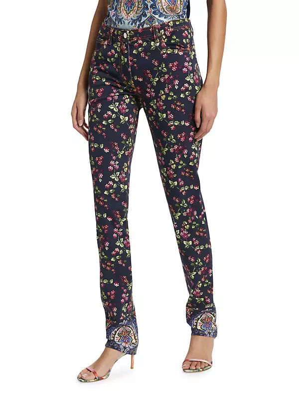 Shop Etro Berry-Printed Mid-Rise Skinny Jeans
