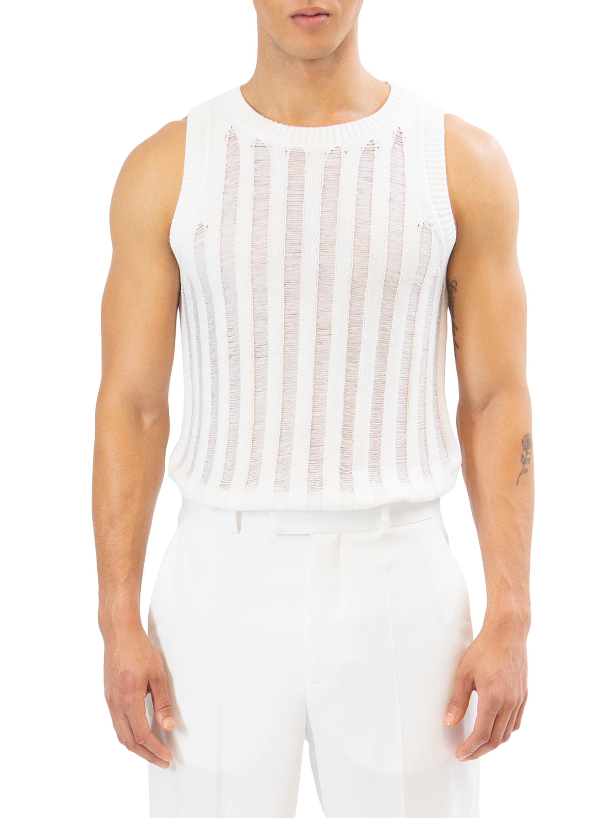 RTA Men's Mesh Striped Tank Top Sweater - White