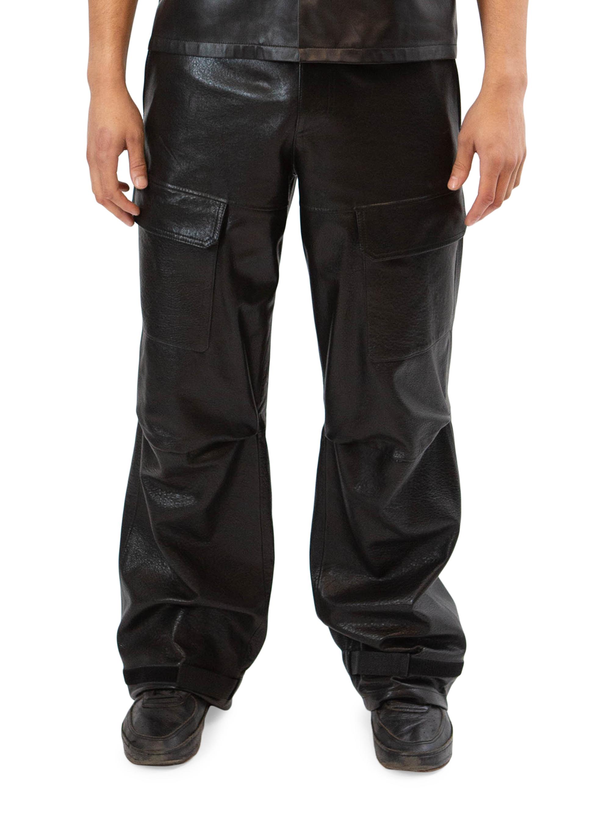 RTA Men's Leather Wide-Leg Cargo Pants - Black