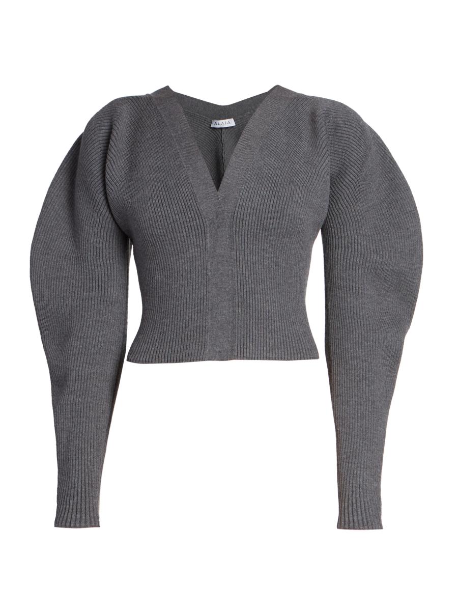 ALAÏA Rib Bishop-Sleeve Cardigan | Saks Fifth Avenue