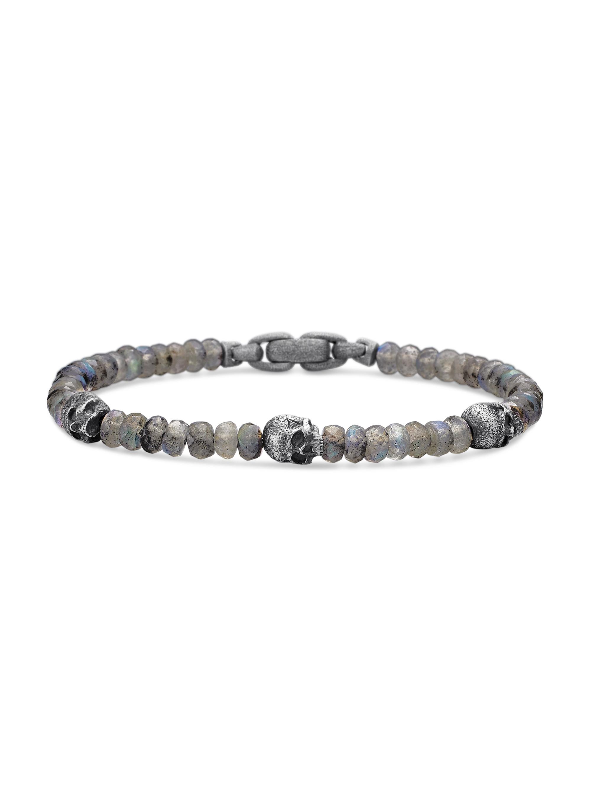 David Yurman Men's Memento Mori Skull Station Bracelet in Sterling Silver - Labradorite