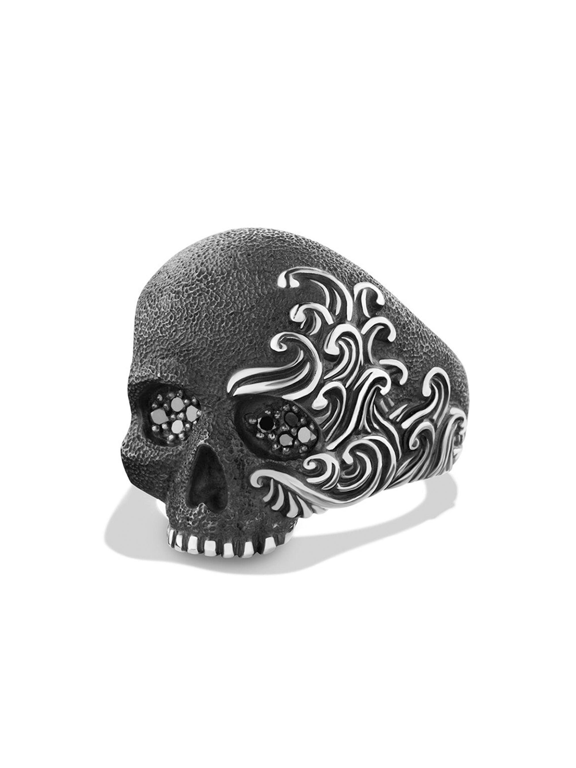David Yurman Men's Waves Skull Ring with Pavé Black Diamonds - Black