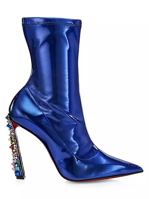 Christian Louboutin Women's Christian Louboutin x Marvel 100mm Mirror Leather Crystal-Heel Ankle Boots - Blue - Size 11.5