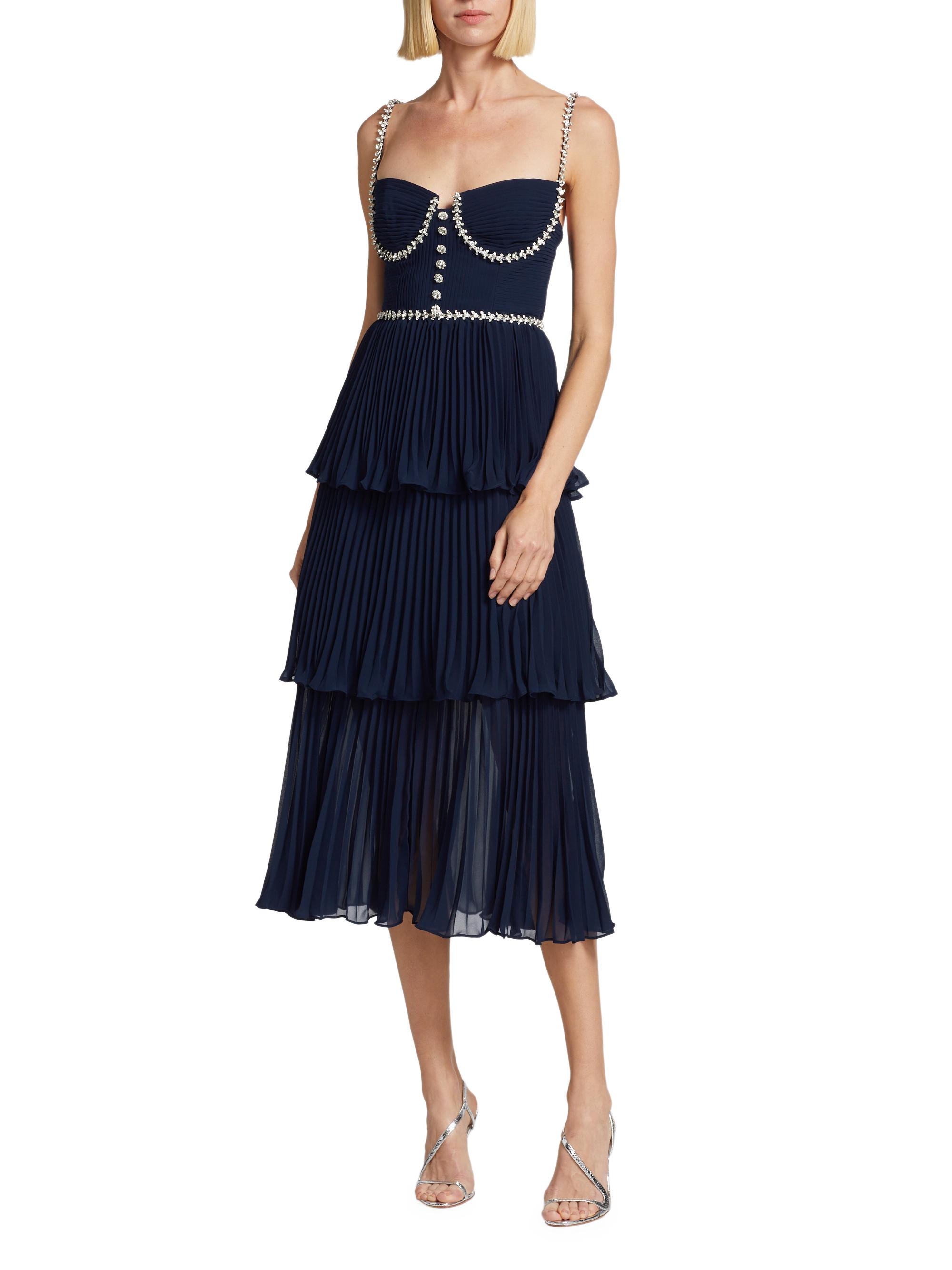 knee length dresses for ladies Navy Cotton Asymmetric Midi Dress  self-portrait-US