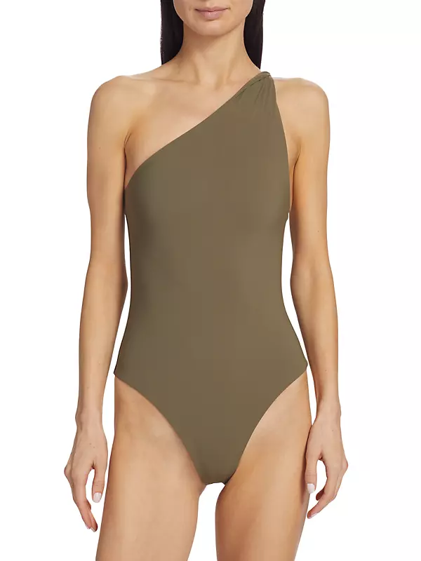 Twist-strap one-shoulder swimsuit faded olive