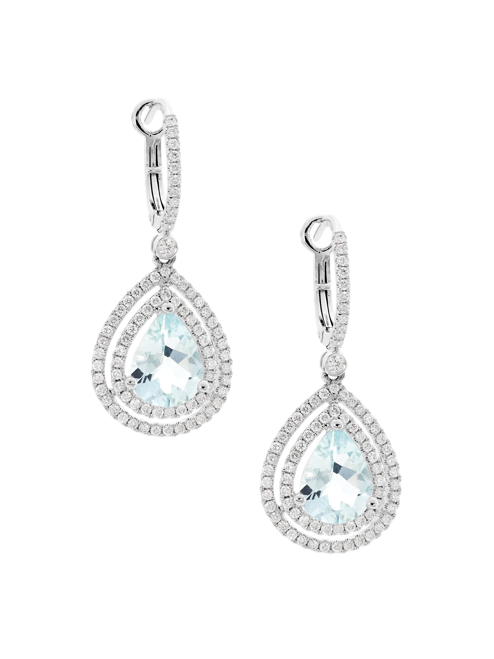 Saks Fifth Avenue Collection Women's 14K White Gold, Aquamarine & 0.85 TCW Diamond Teardrop Earrings - Aqua