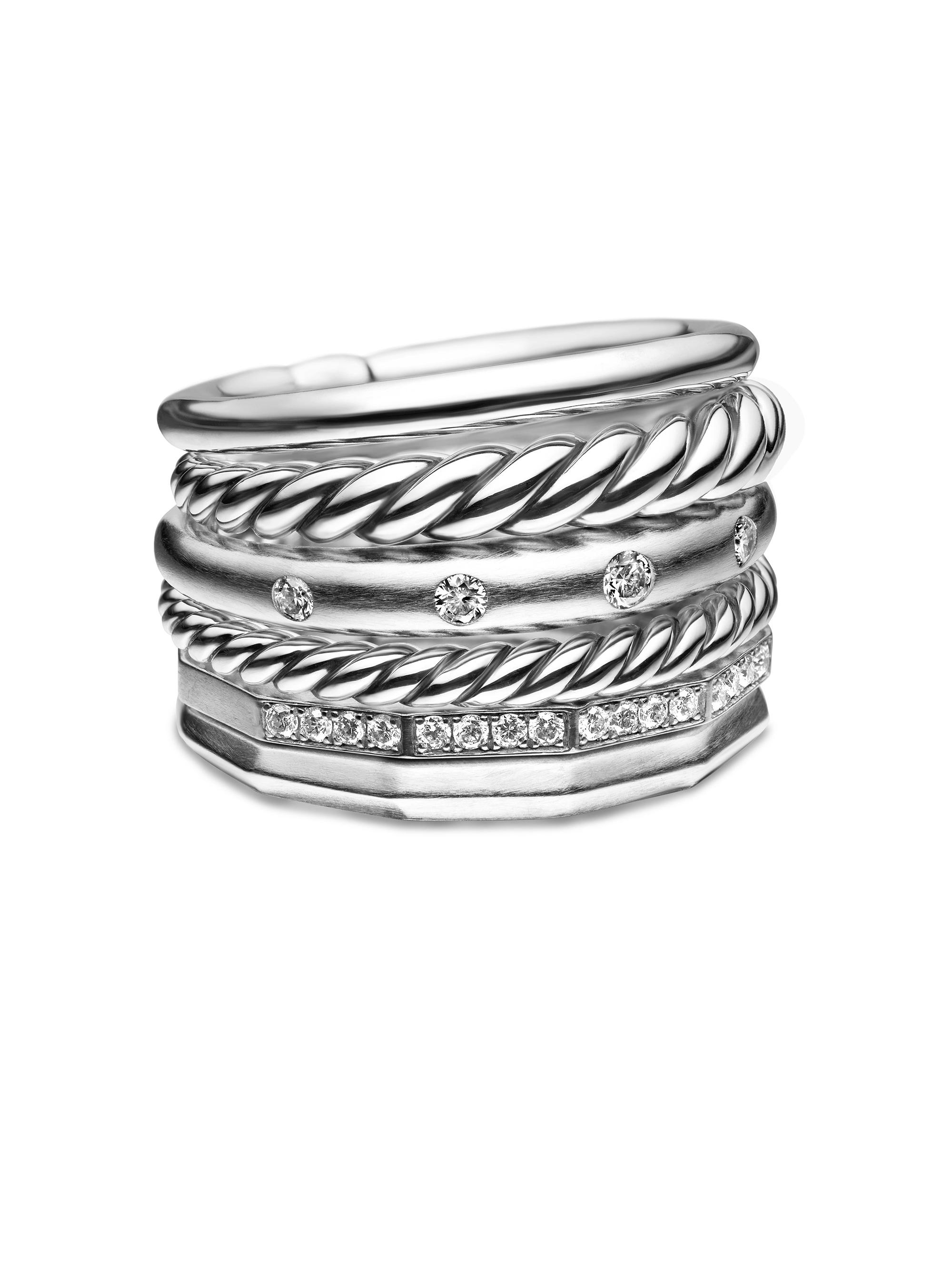 David Yurman Women's Stax Six Row Ring with Pavé Diamonds - Sterling Silver