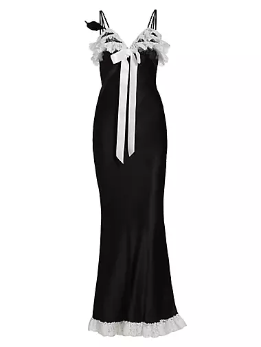 Lace-Trimmed Bow Silk Gown