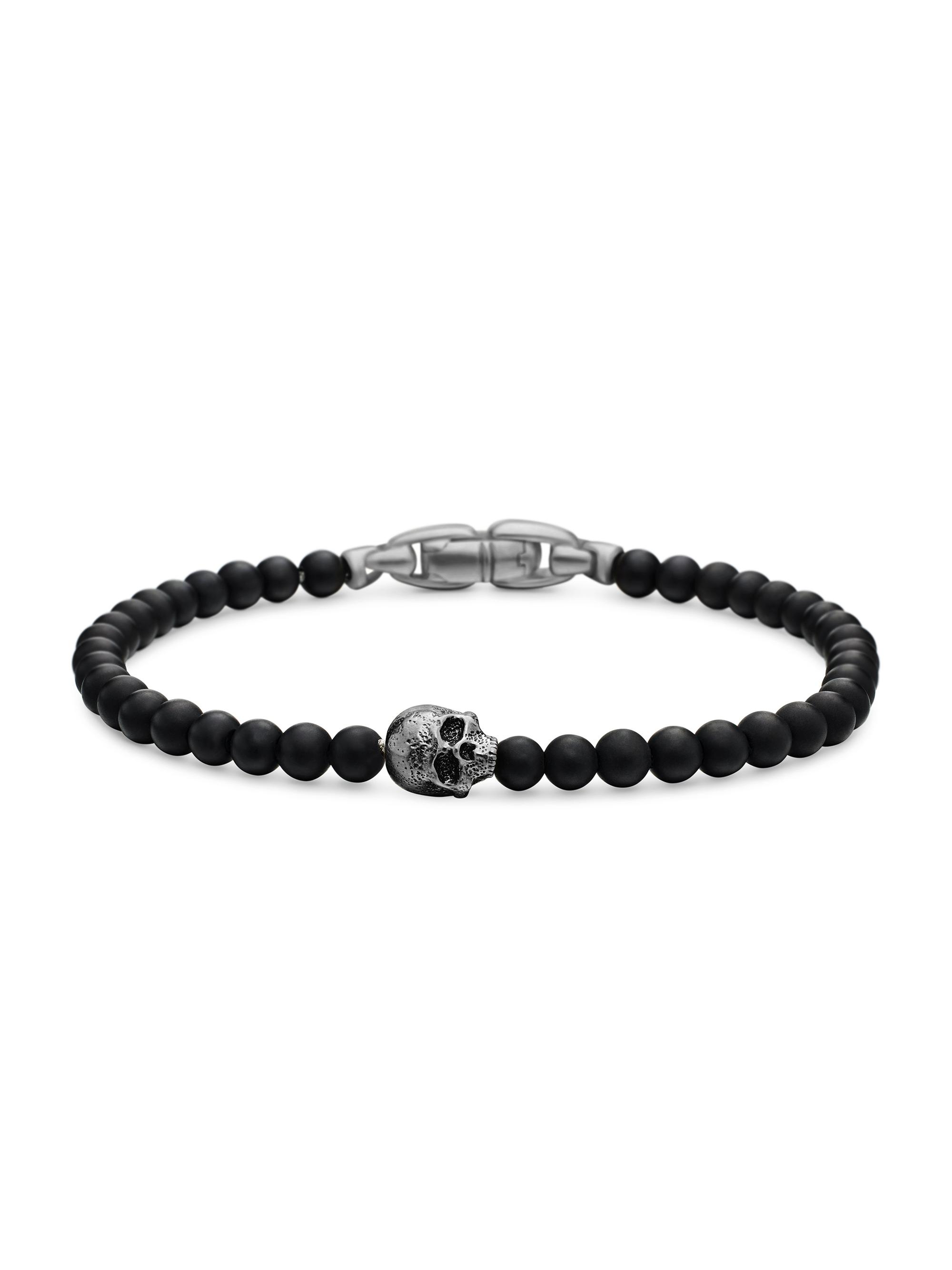 David Yurman Men's Memento Mori Skull Station Bracelet in Sterling Silver - Black Onyx