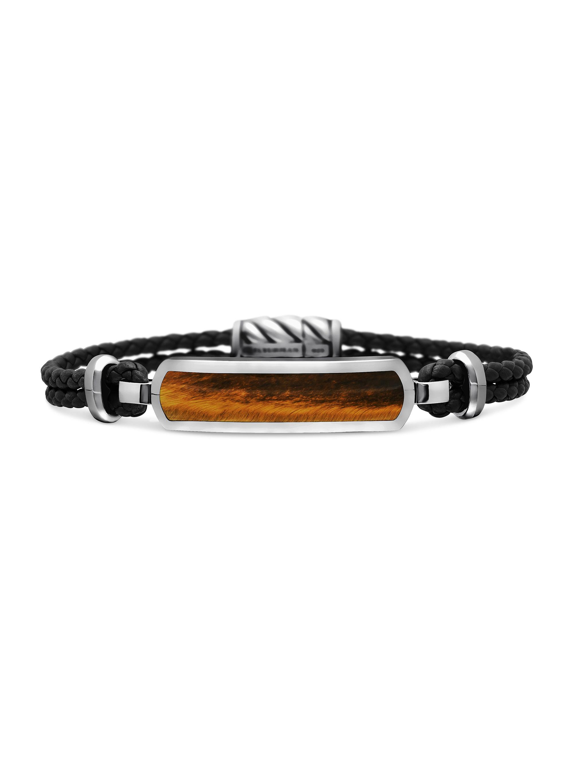 David Yurman Men's Exotic Stone Bar Station Black Leather Bracelet - Tigers Eye