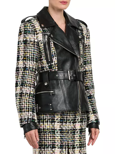 Alexander McQueen Women's Leather & Tweed Biker Jacket - Black Multicolor - Size 4
