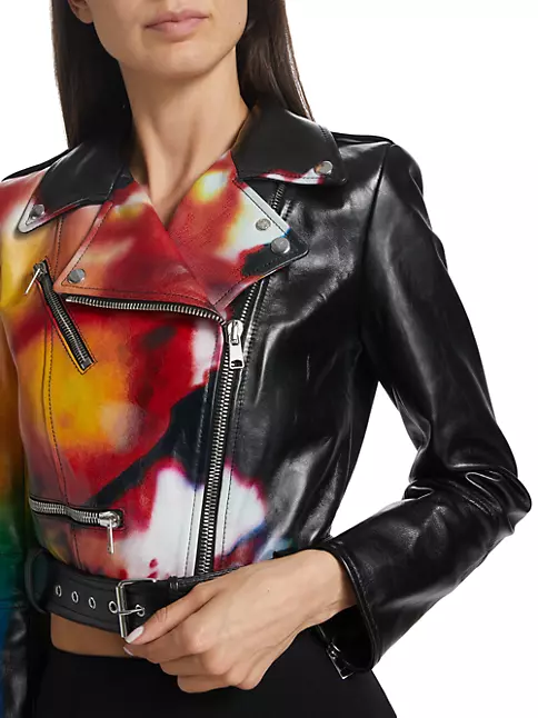 Alexander McQueen Cropped Leather Moto Jacket with Abstract Floral Detail, Blackmulti, Women's, 4, Leather & Faux Leather Jackets