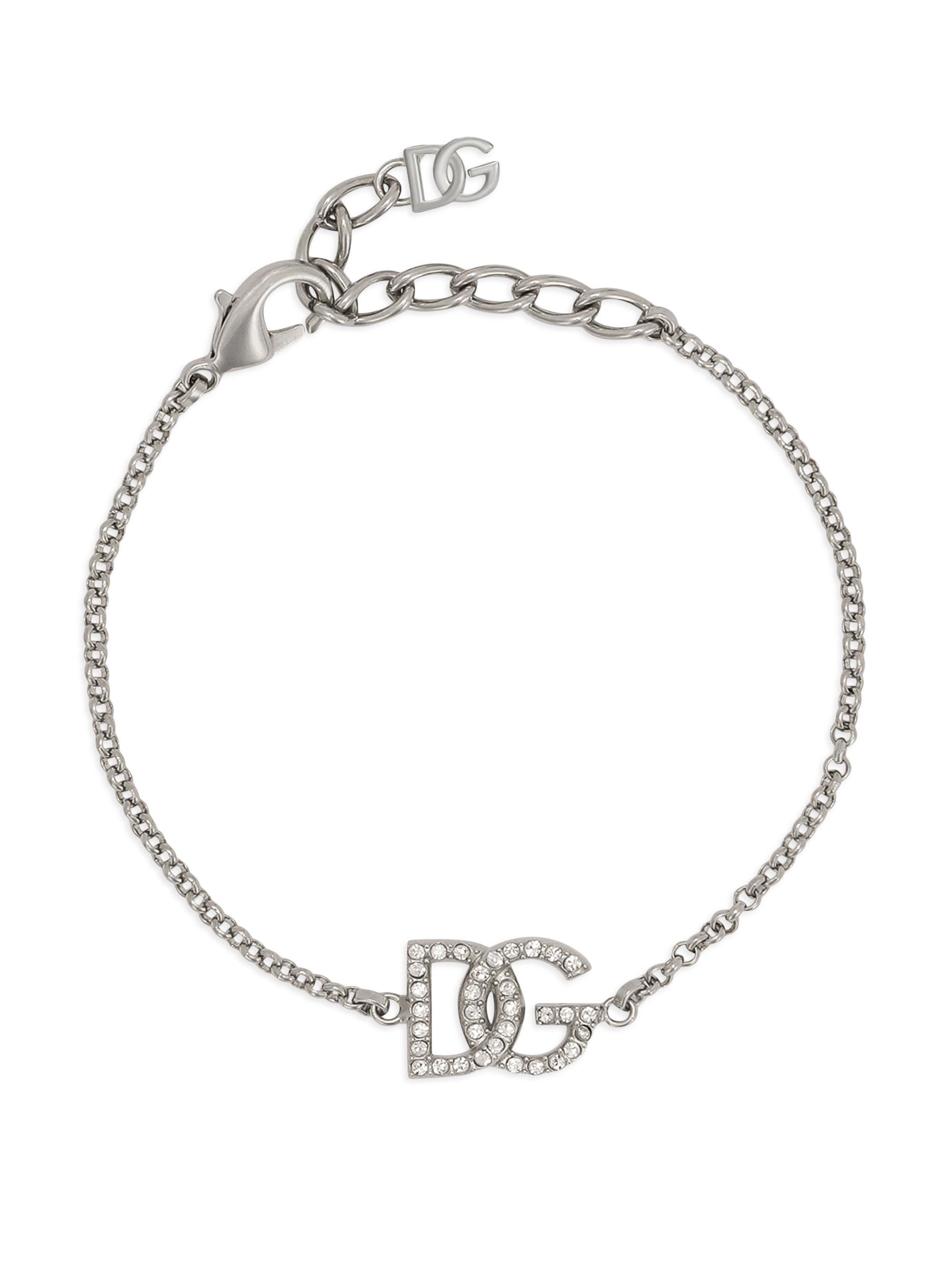 Dolce & Gabbana Men's Crystal DG Logo Rolo Chain Bracelet - Silver