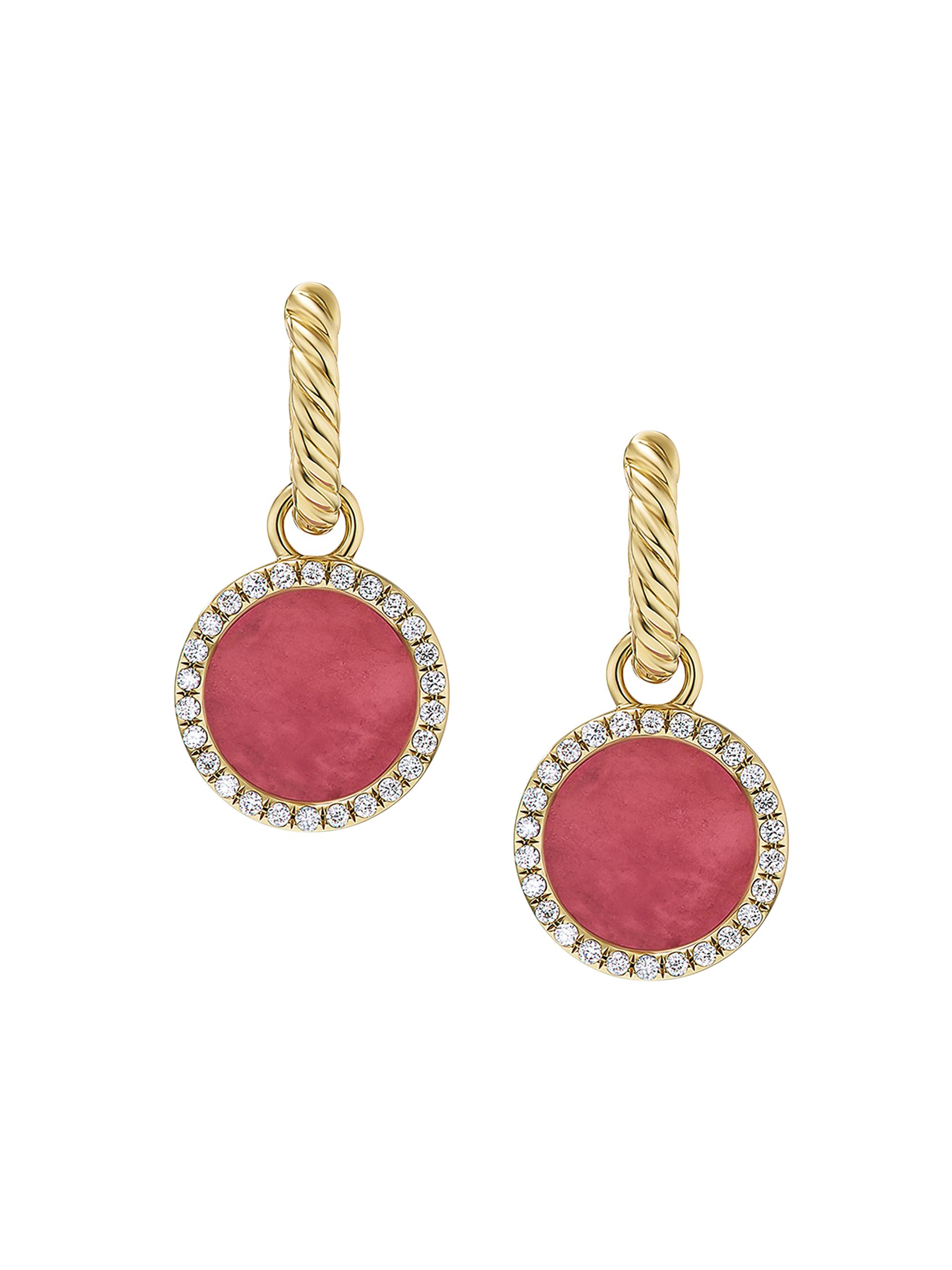 David Yurman Women's Petite DY Elements Drop Earrings in 18K Yellow Gold with Pavé Diamonds - Rhodonite