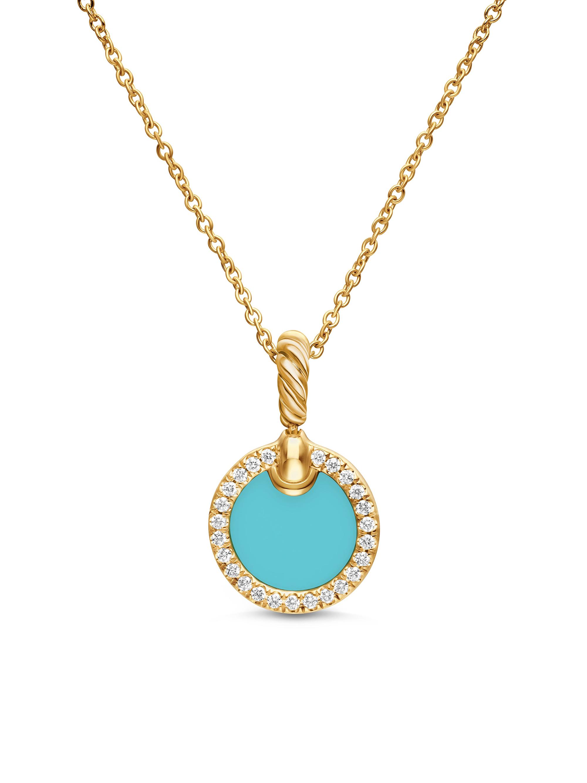 David Yurman Women's Petite Elements Pendant Necklace in 18K Yellow Gold with Pavé Diamonds - Turquoise
