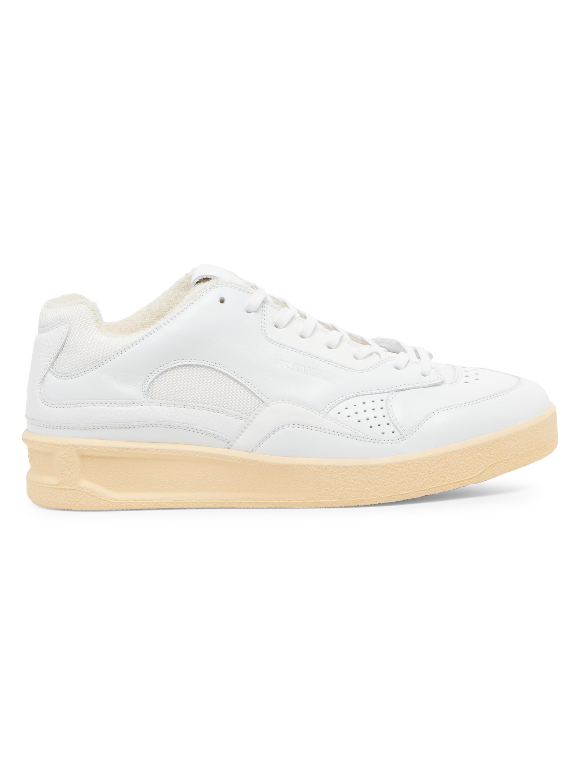 Jil Sander Men's Sporty Logo Leather Sneakers - White Ecru