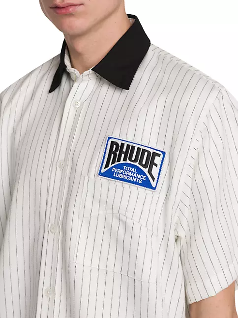 Rhude Men's Twill Striped Mechanic Shirt - White Black - Size Large