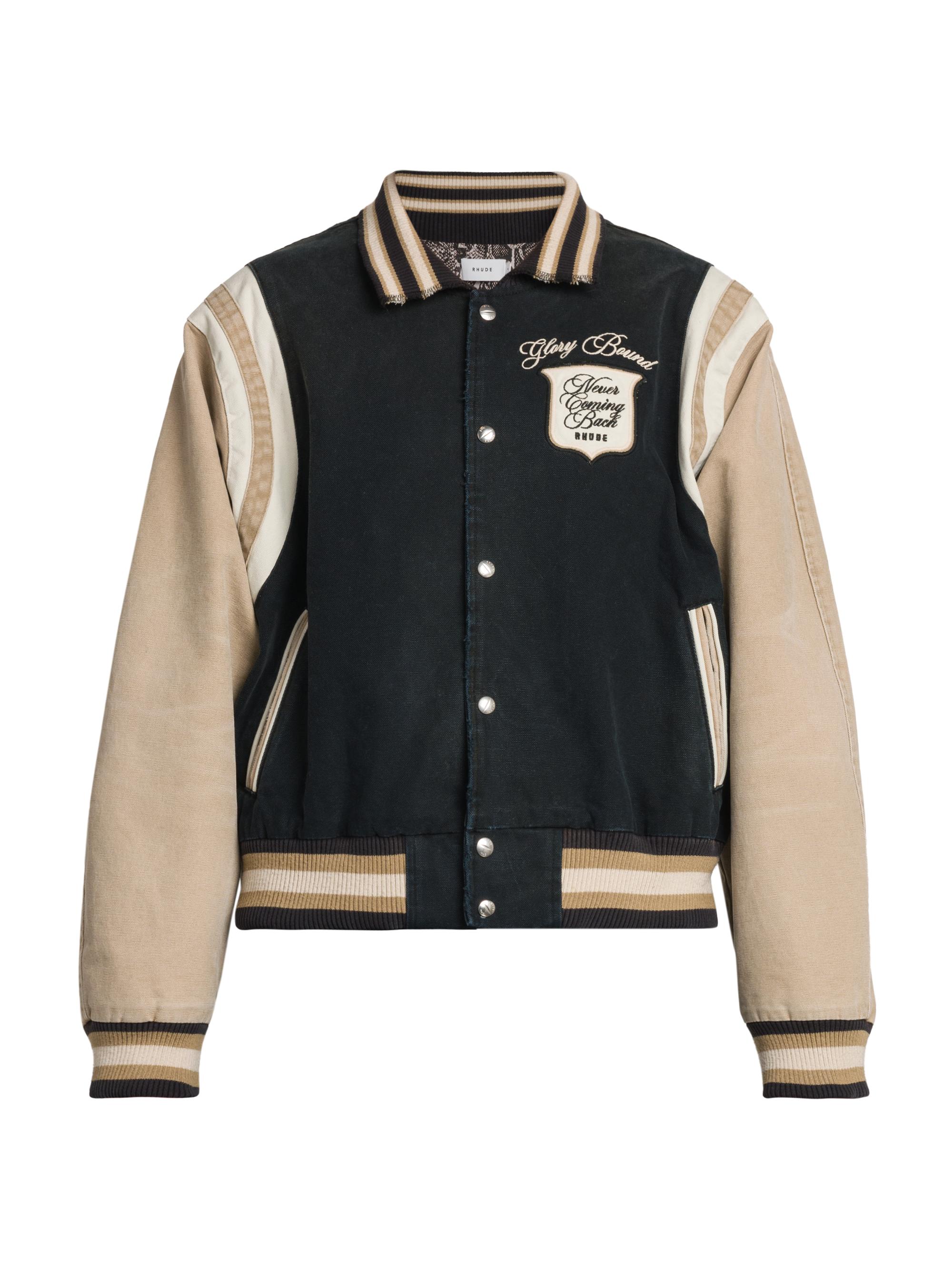 Rhude Men's Washed Canvas Varsity Jacket - Black Khaki Elephant