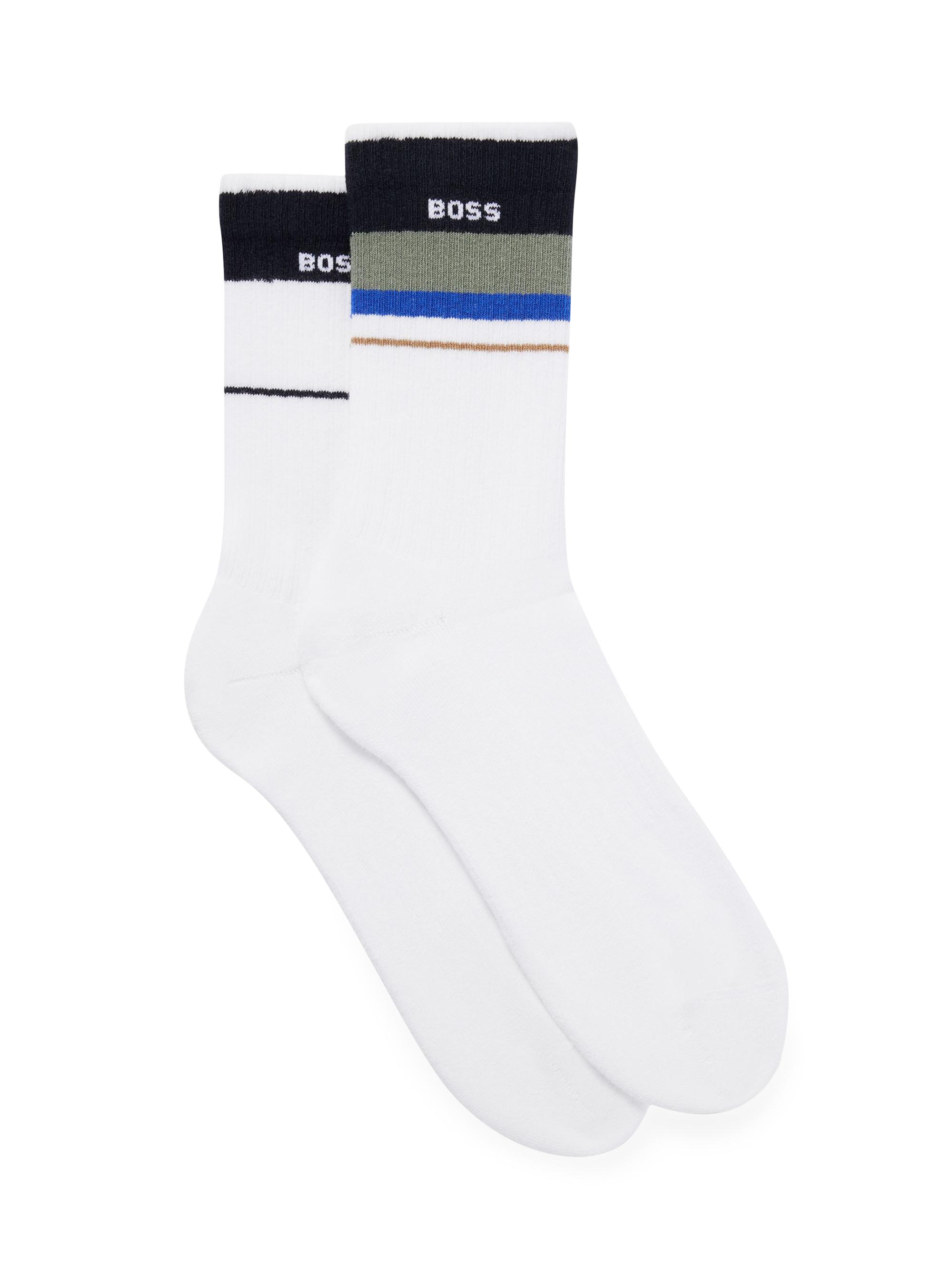 BOSS Men's Two-Pack of Quarter-Length Logo Socks with Stripes - White