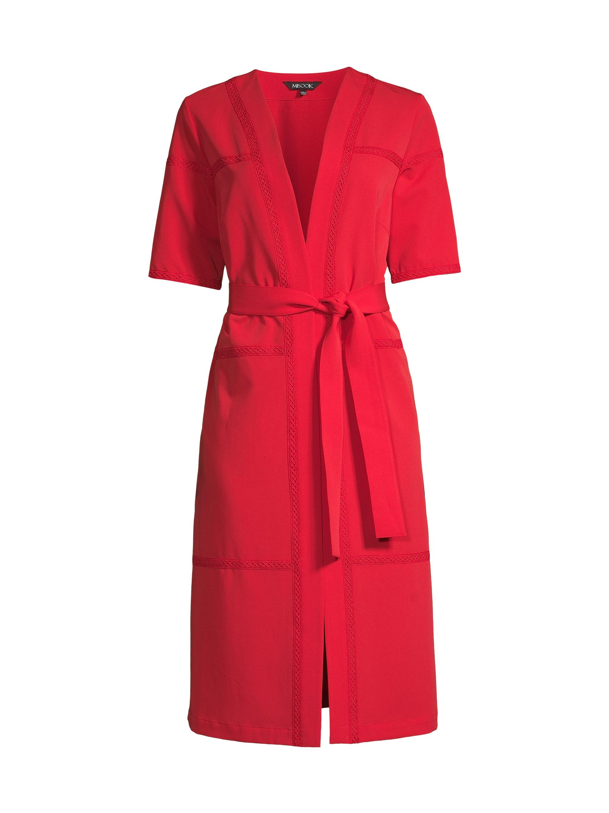 Misook Women's Belted Short-Sleeve Duster - Sunset Red