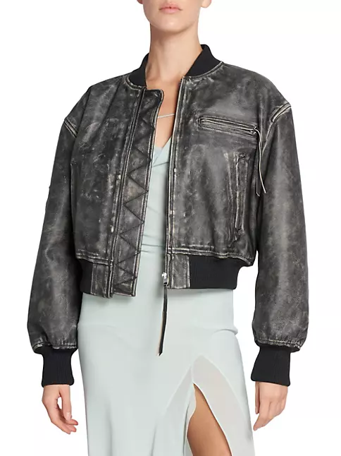 Cropped Leather Bomber Jacket in Grey - Acne Studios