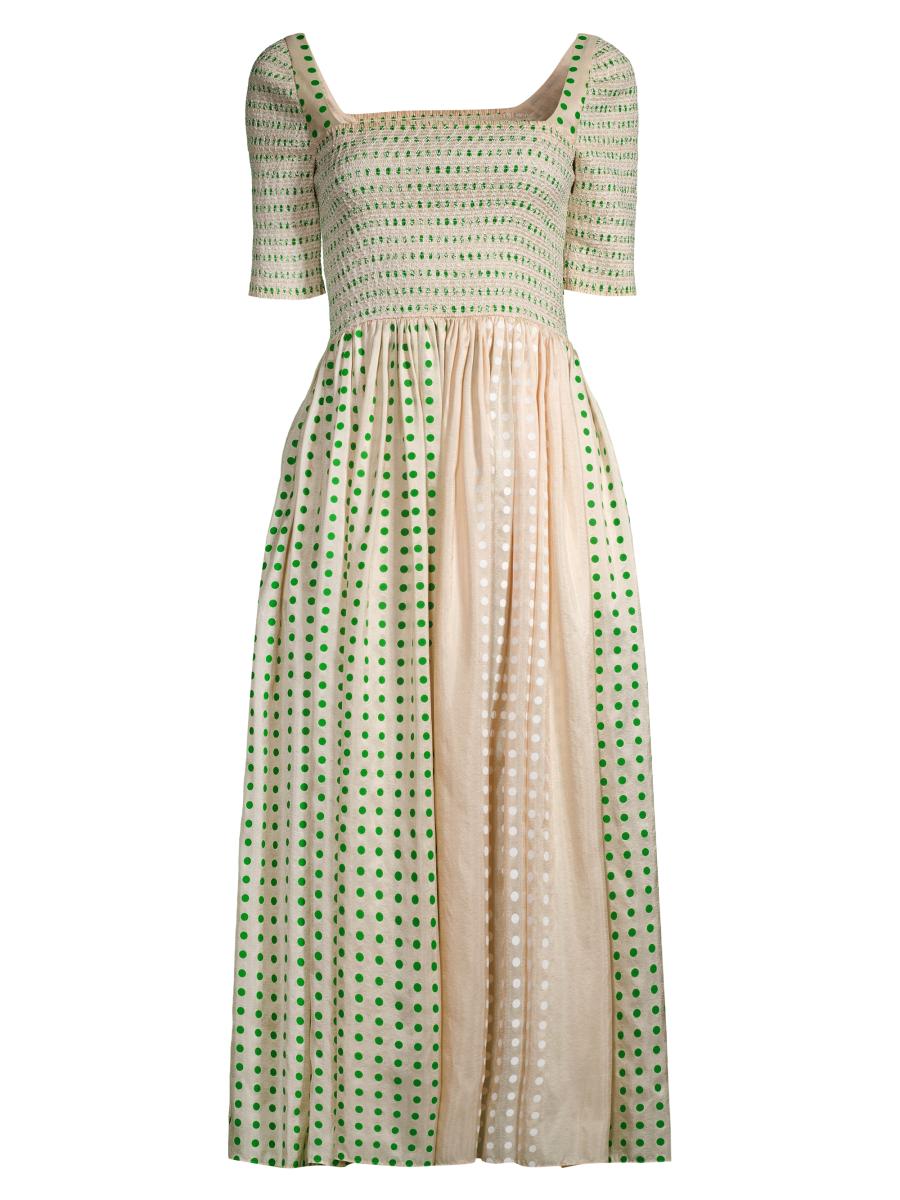 Tory Burch Silk Dotted Smocked Midi-Dress | Saks Fifth Avenue