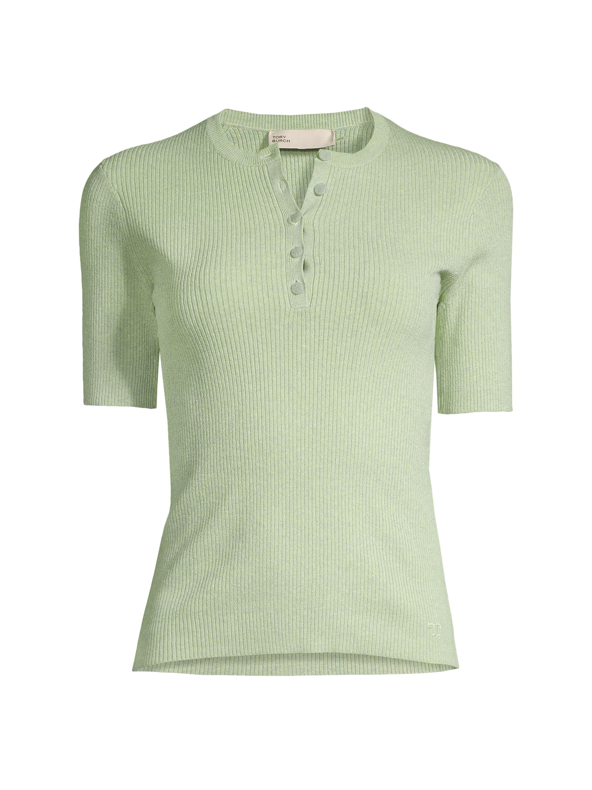 Tory Burch Women's Rib-Knit Henley Top - Mint Shimmer