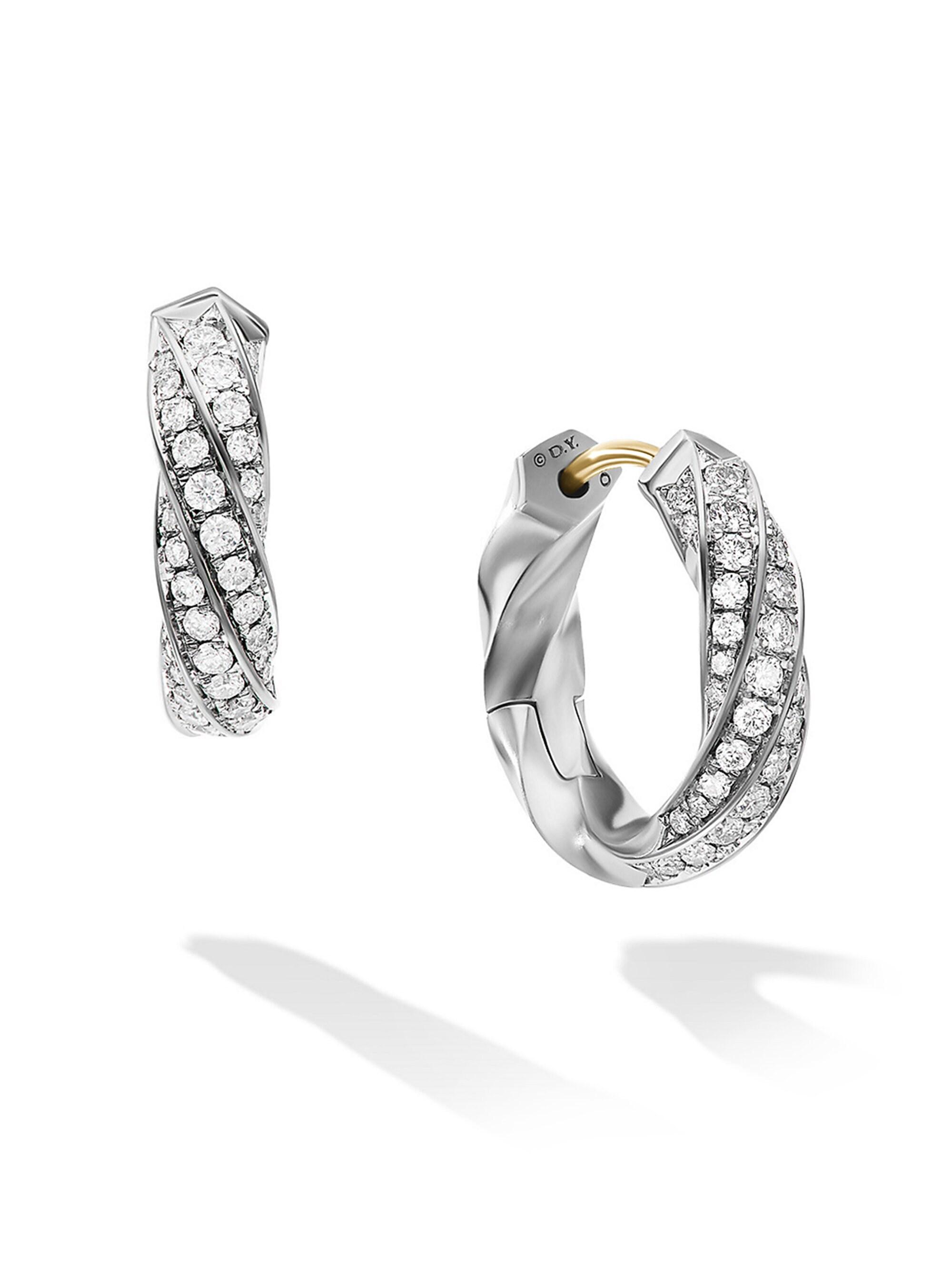 David Yurman Women's Cable Edge Huggie Hoop Earrings in Sterling Silver with Diamonds, 13mm - Diamond