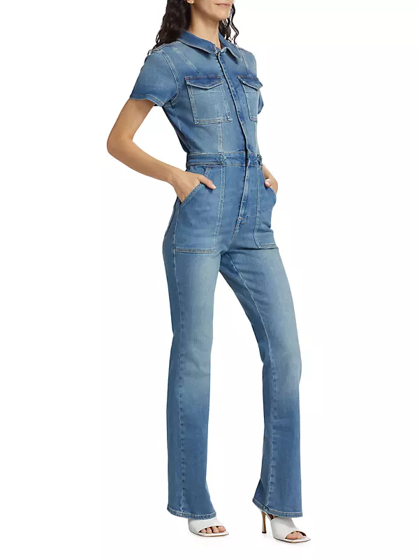 Women's Sexy Denim Jumpsuits Plus Size V Neck Slim Fit Jeans Jumpsuits Long  Sleeve Flare Pants Overalls Romper with Pockets