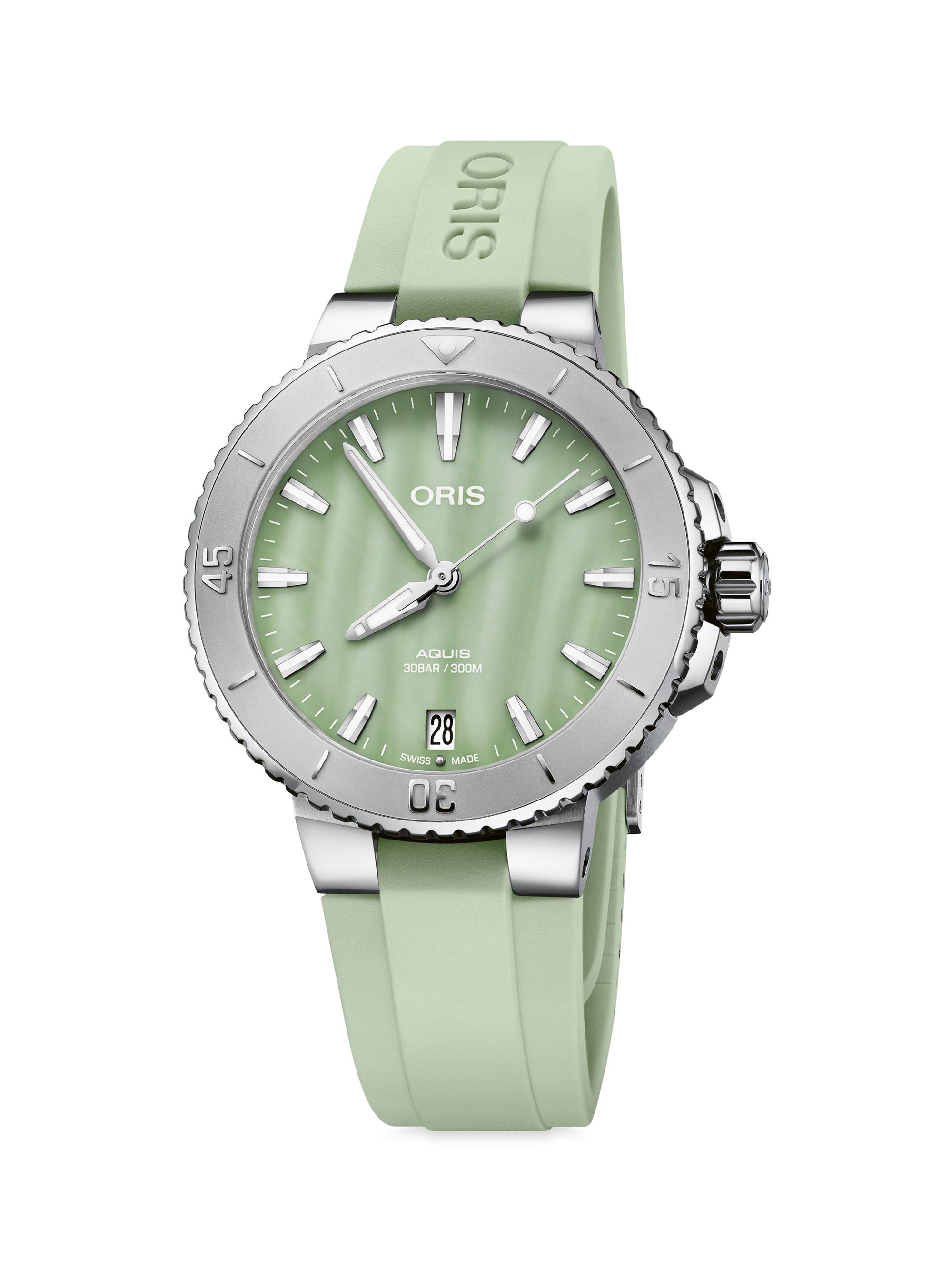 Oris Women's Aquis Stainless Steel, Mother-Of-Pearl & Rubber Watch - Green