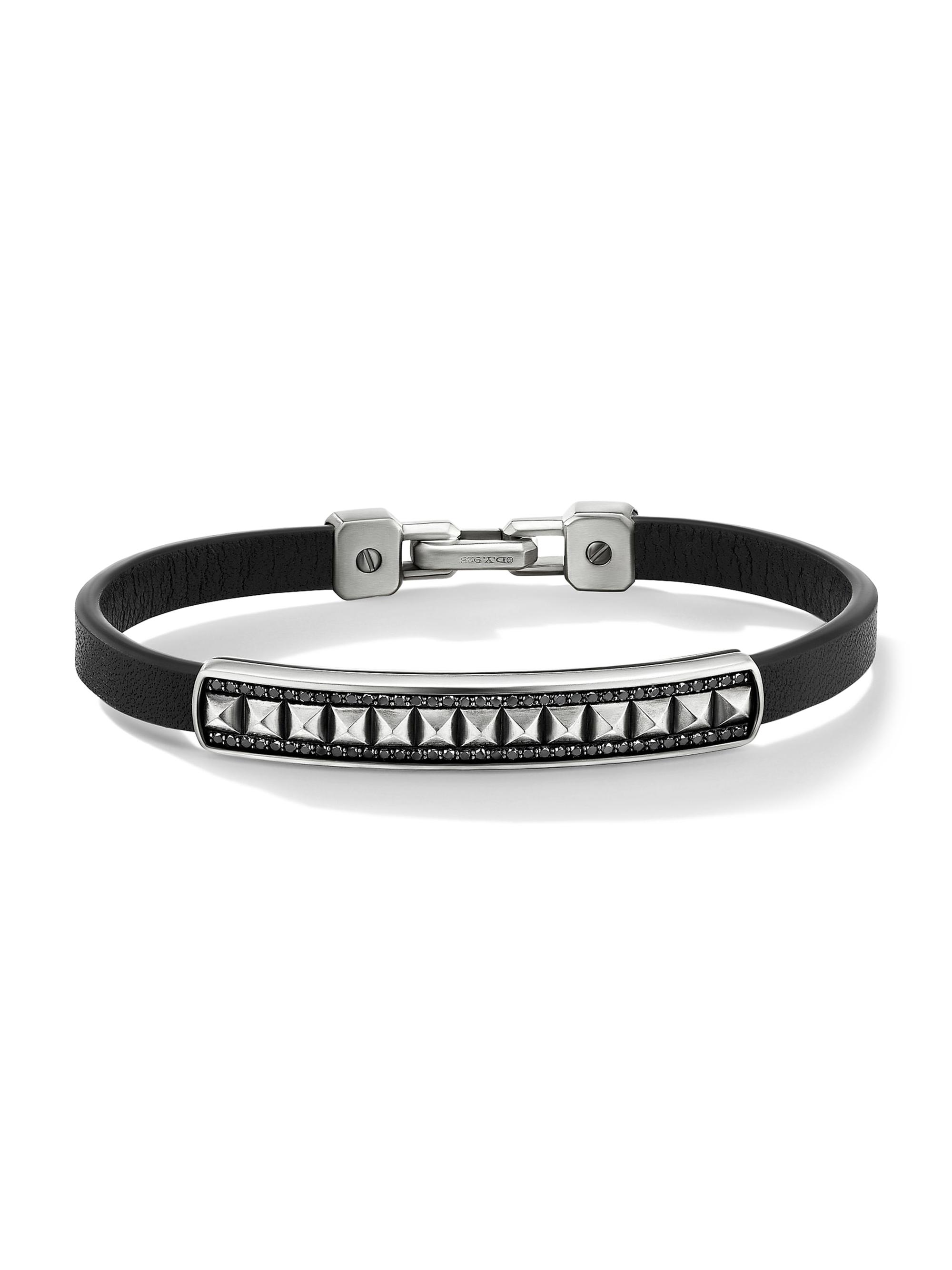 David Yurman Men's Pyramid Sterling Silver & Pave Black Diamond Black Leather ID Bracelet