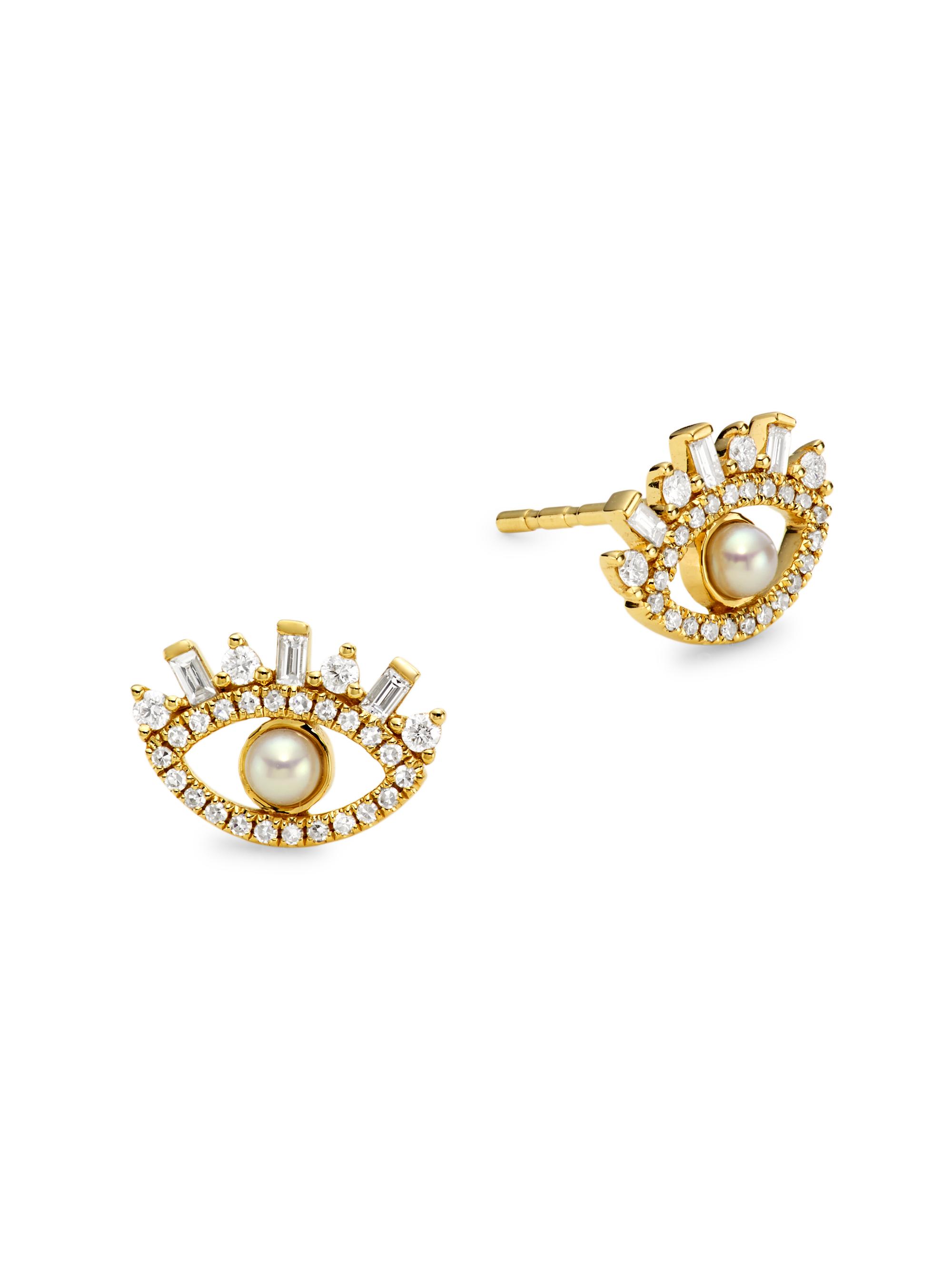 Saks Fifth Avenue Collection Women's 14K Yellow Gold, Cultured Freshwater Pearl & 0.31 TCW Diamond Evil Eye Stud Earrings - Gold