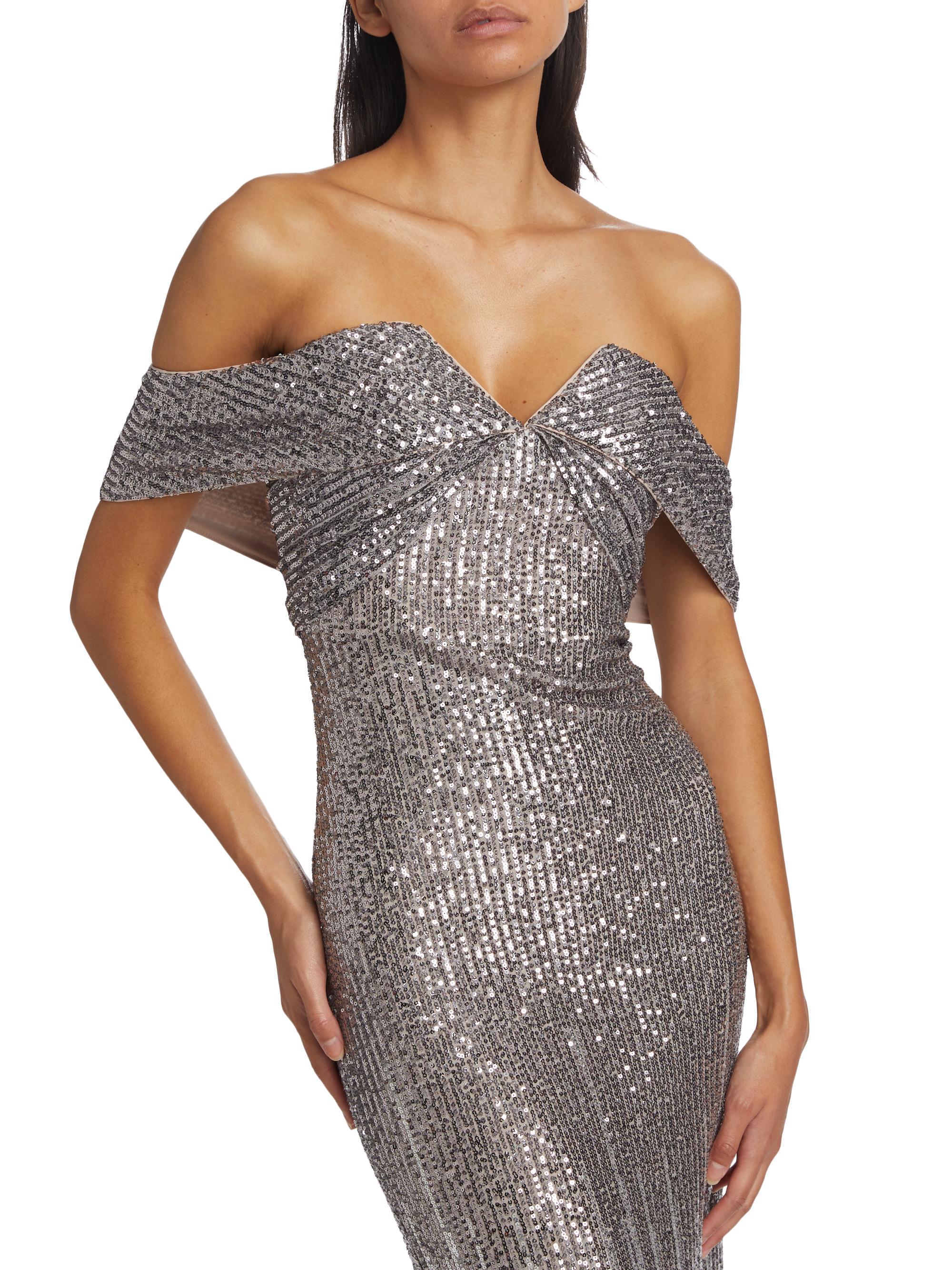 badgley mischka ombre sequin dress Badgley Mischka Off-the-shoulder Ombre Sequin Gown In Black/gold