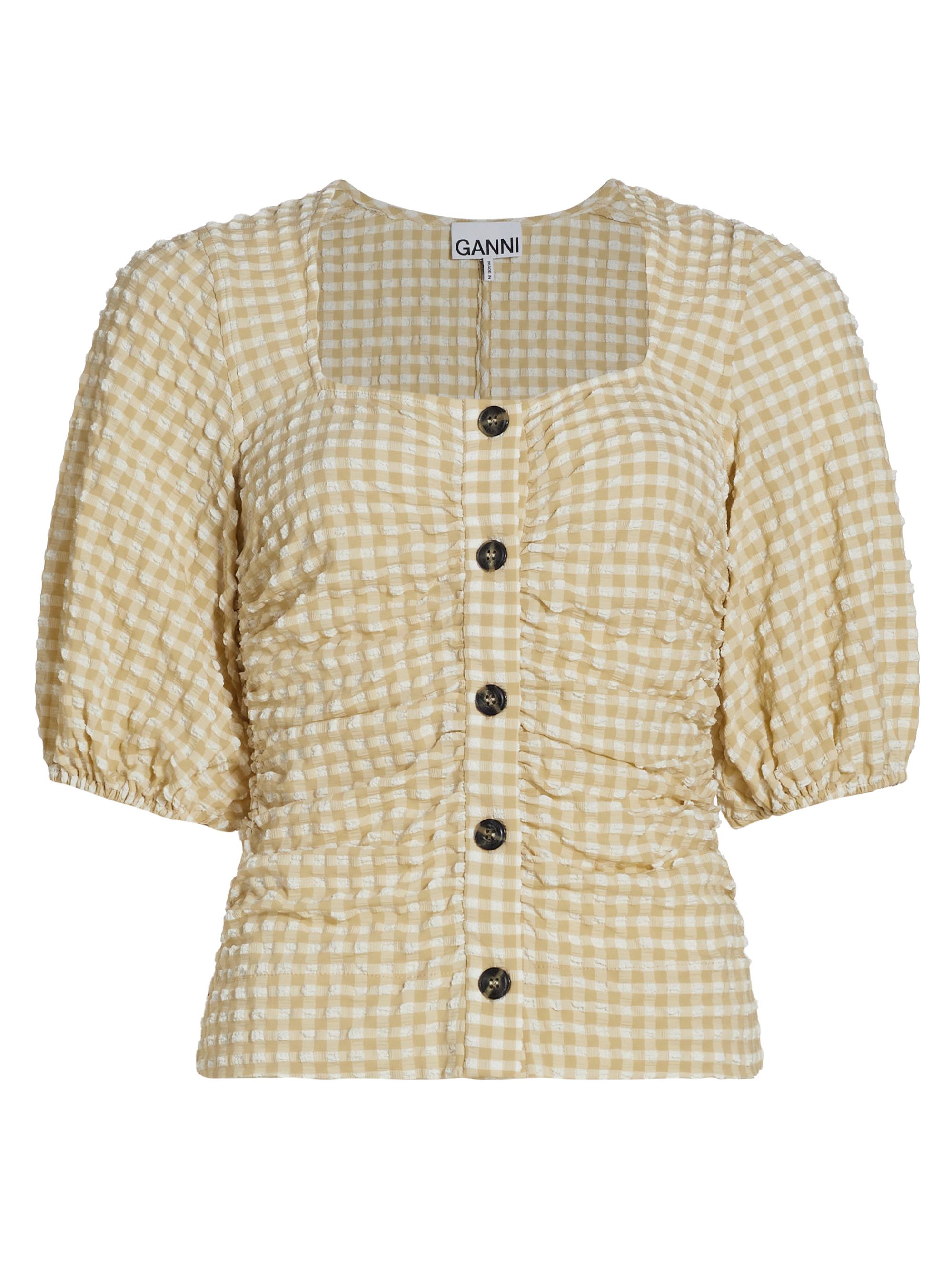 Ganni Women's Stretch Seersucker Puff-Sleeve Blouse - Pale Khaki