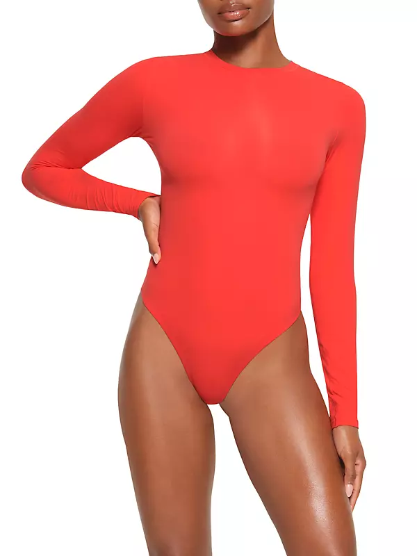 Skims Long Sleeve Square Neck Bodysuit in Red