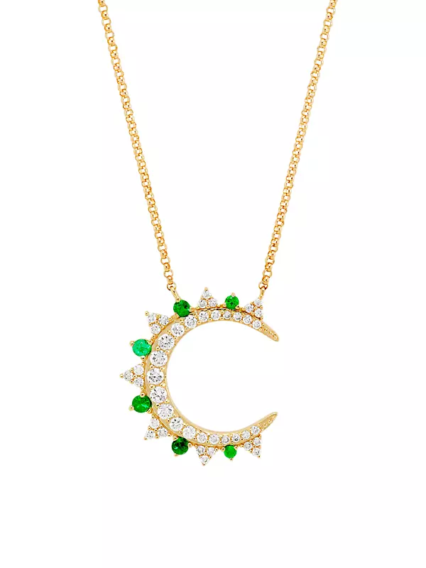 14K Yellow Gold, Emerald & 0.37 TCW Diamond Crescent Moon Pendant Necklace