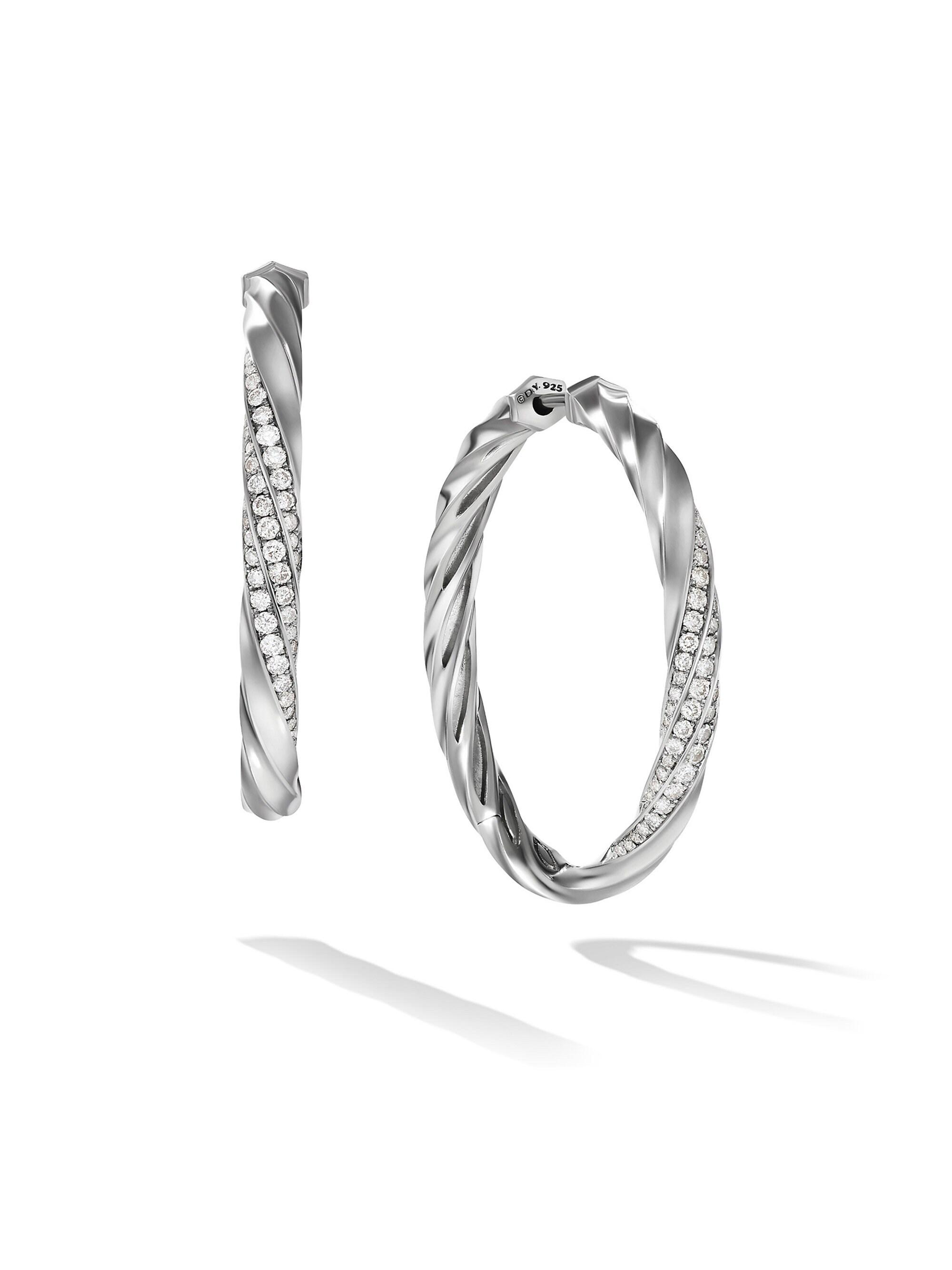 David Yurman Women's Cable Edge Hoop Earrings in Sterling Silver with Diamonds, 1.5in - Diamond