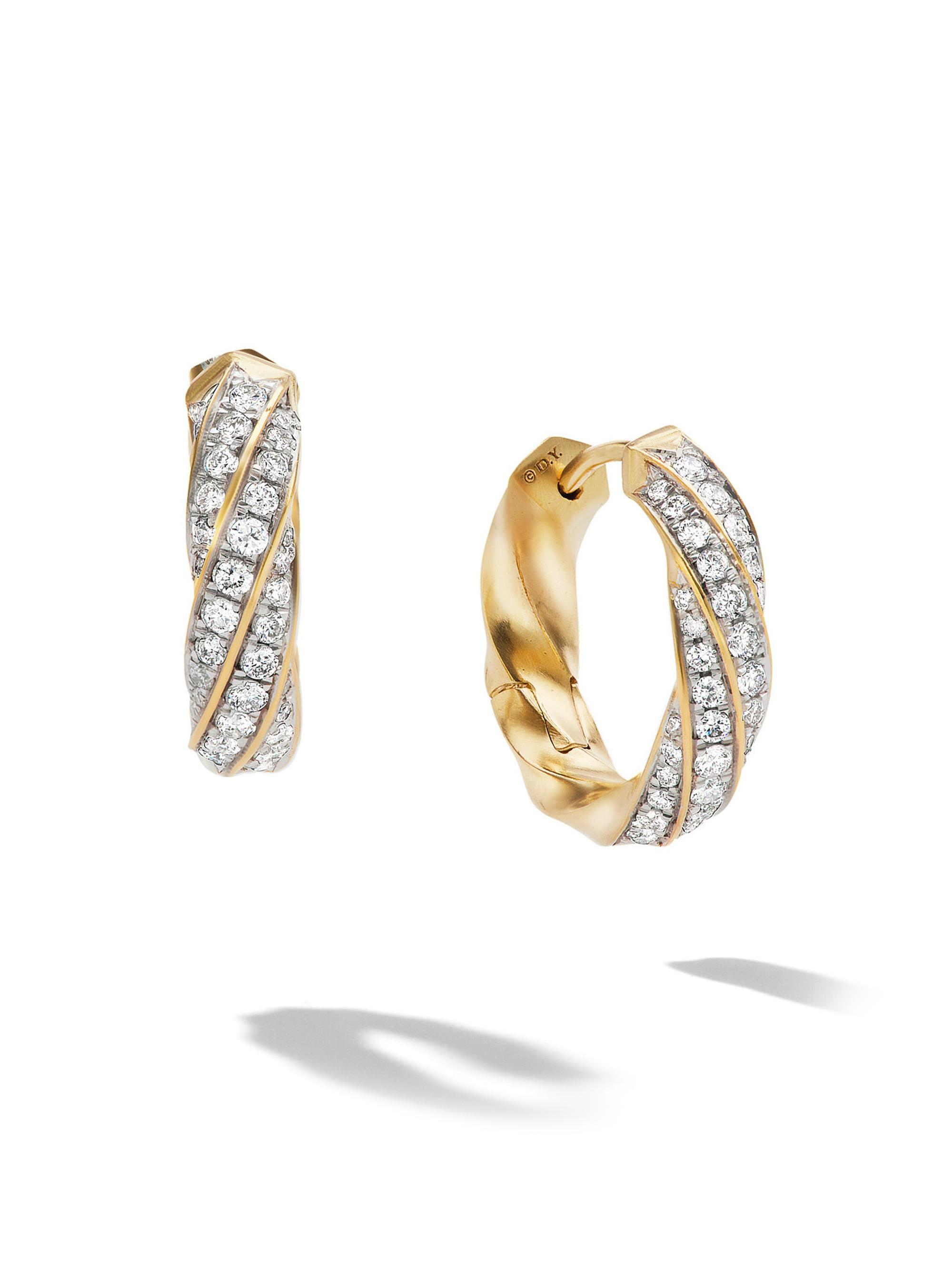 David Yurman Women's Cable Edge Huggie Hoop Earrings in 18K Yellow Gold with Diamonds, 13mm - Diamond