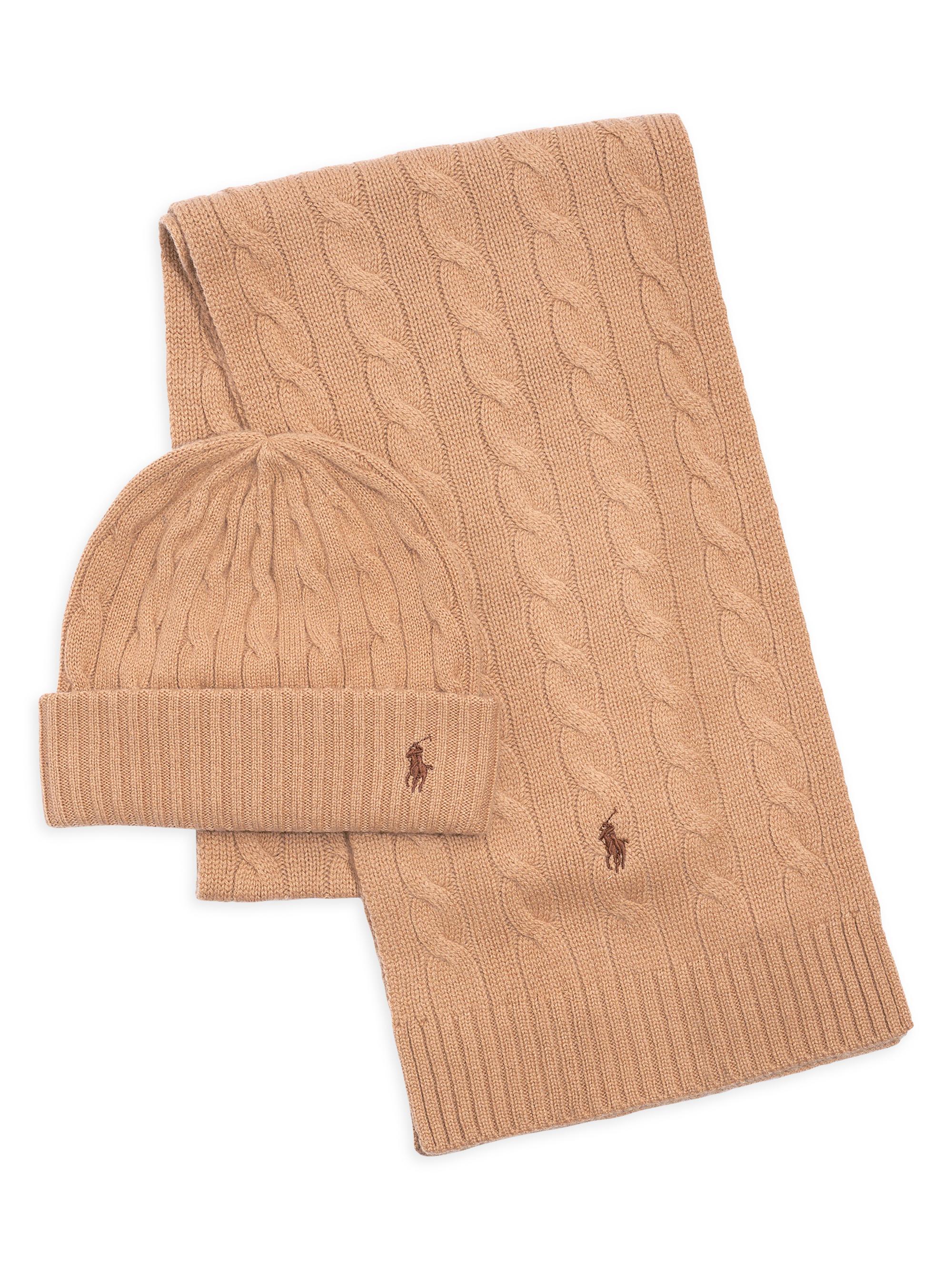 Polo Ralph Lauren Men's Original Label 2-Piece Cashmere Cable-Knit Beanie & Scarf Set - Camel