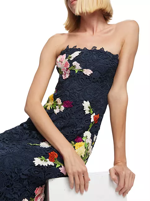 Shop Monique Lhuillier Floral Embroidered Strapless Lace Gown
