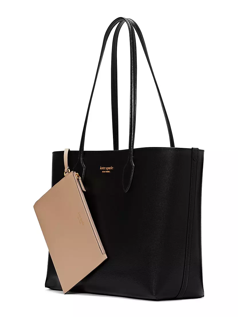 Kate Spade Black Nylon Tote Bag With Tan Leather Handles And Plaque