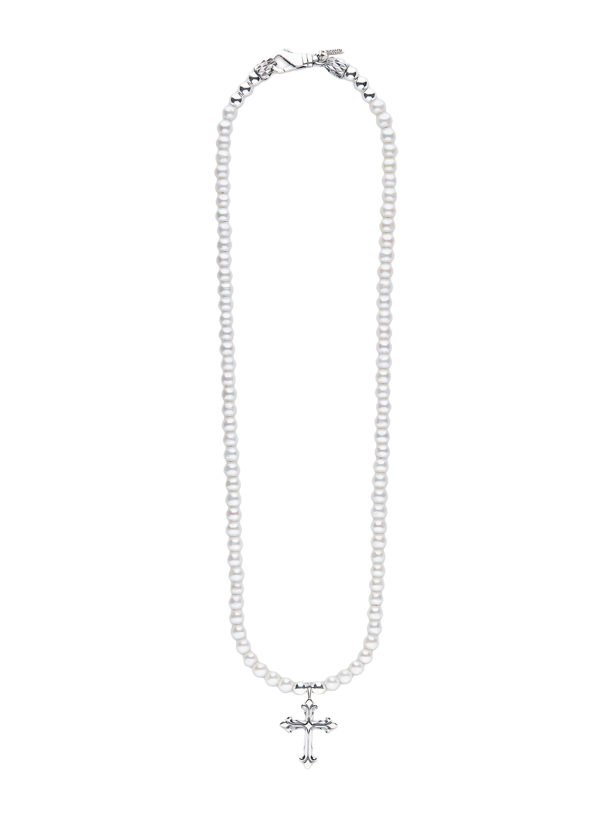 Emanuele Bicocchi Men's Unisex Sterling Silver & Freshwater Pearl Fleury Cross Necklace - Silver