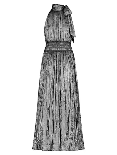 Metallic Pleated Halter Maxi Dress