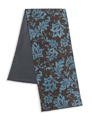 Kiton Men's Leaf Print Silk Scarf - Brown Blue