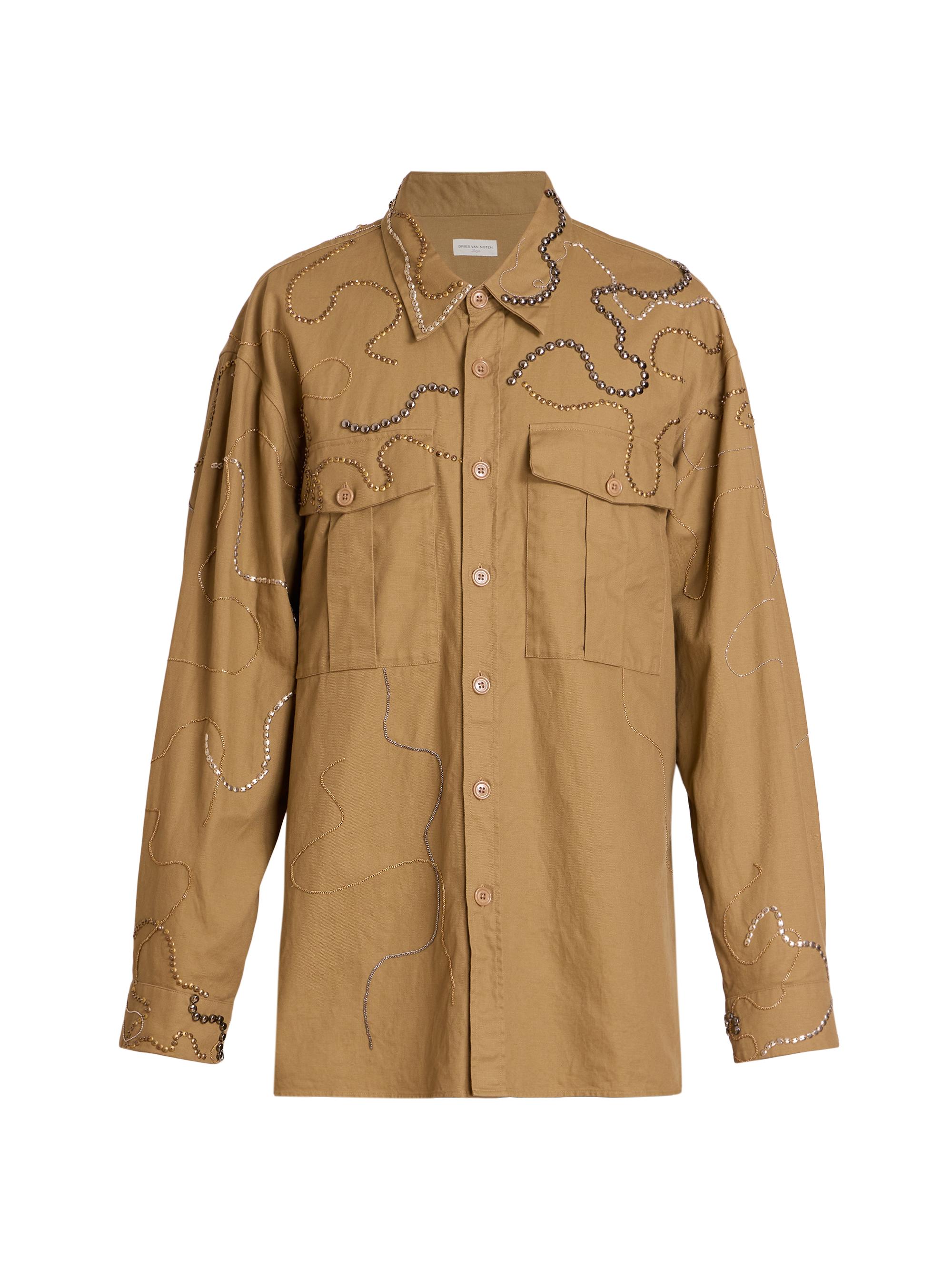 Dries Van Noten Men's Crowsey Embroidered Button-Front Shirt - Camel