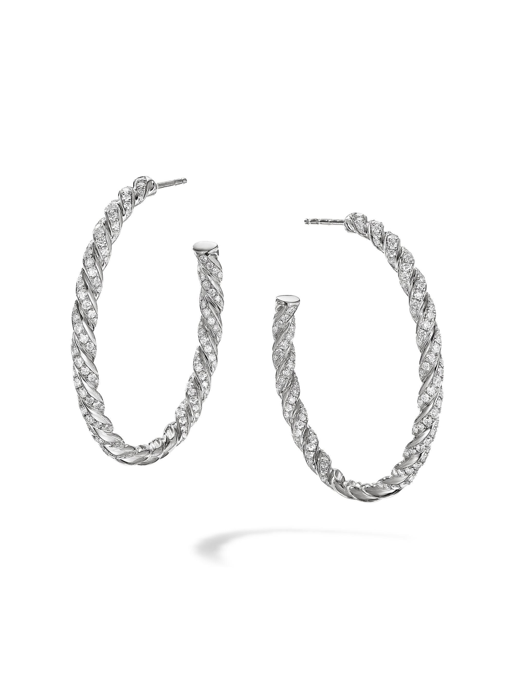 David Yurman Women's Sculpted Cable Flex Hoop Earrings in 18K White Gold with Diamonds, 1.75in - Diamond