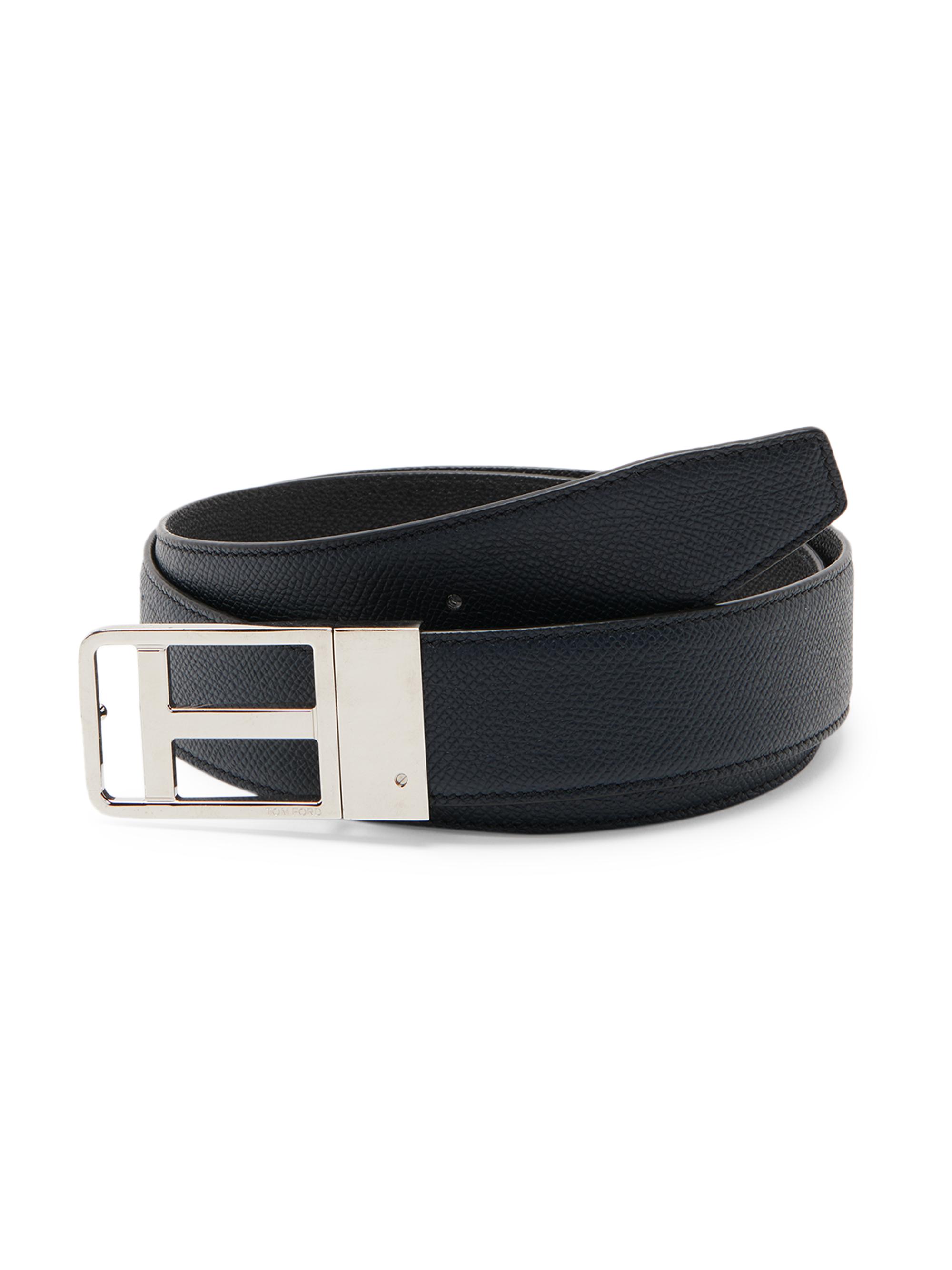 TOM FORD Men's Leather T Logo Belt - Dark Navy Black