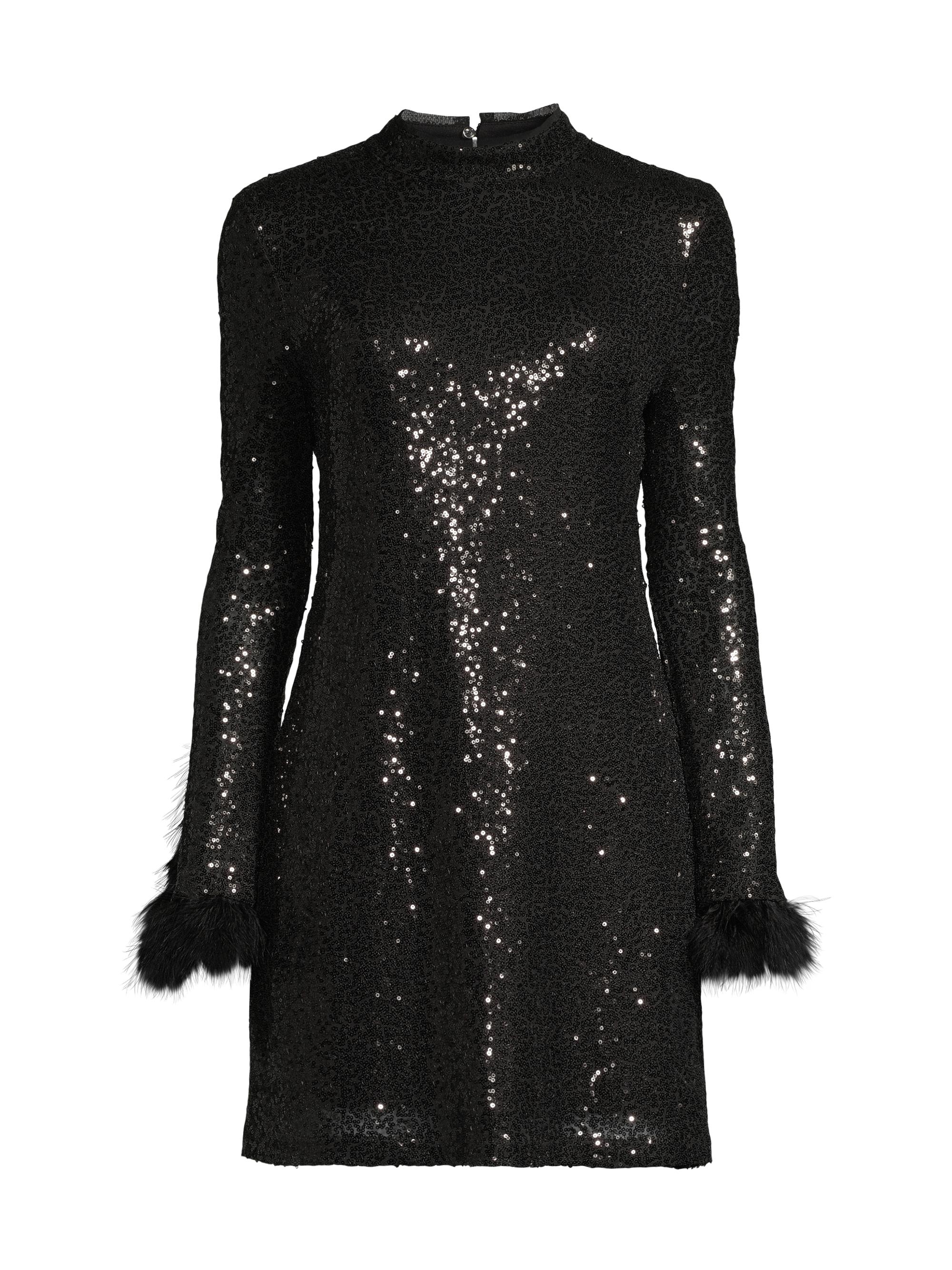 Laundry by Shelli Segal Women's Sequined Feather-Cuff Minidress - Black