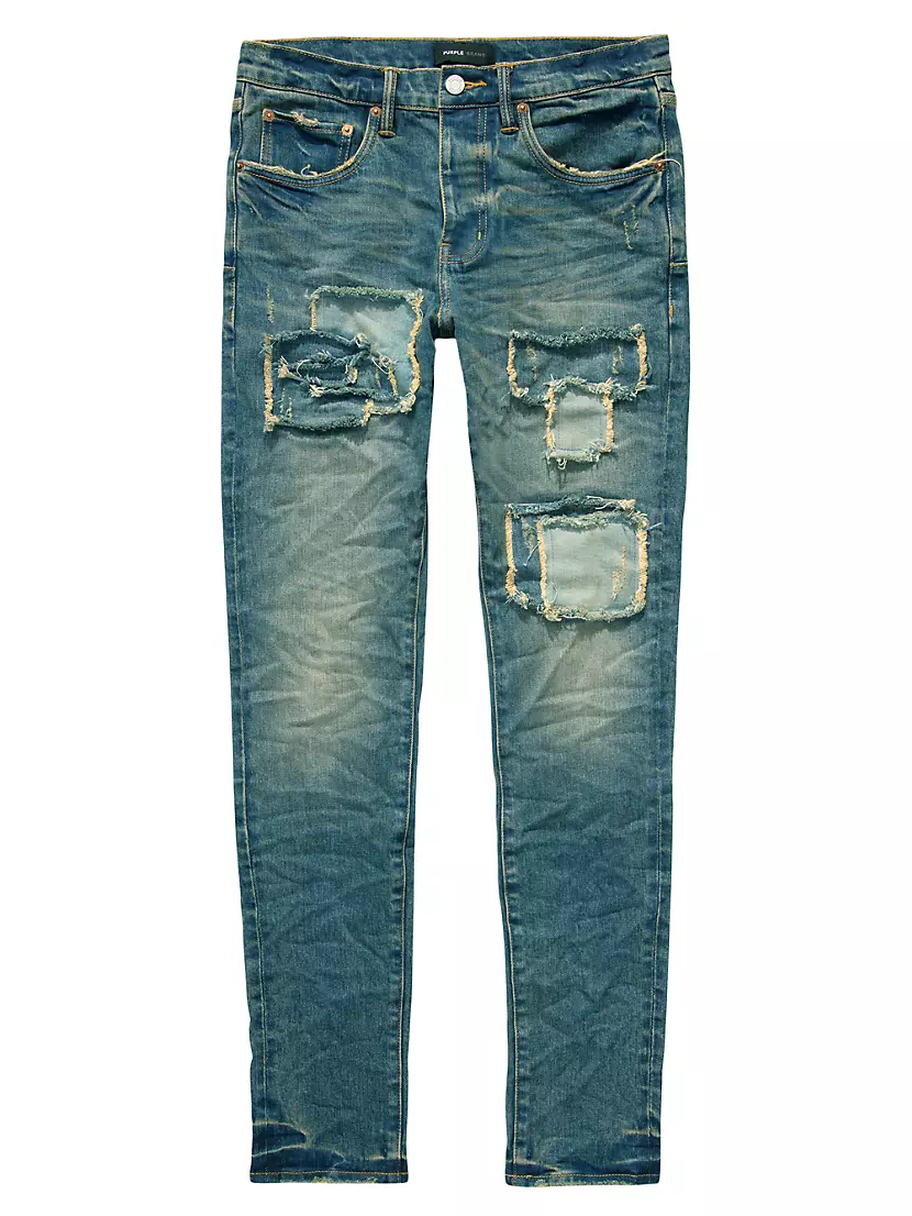 P001 Vintage Square Patch Repair Slim-Fit Jeans
