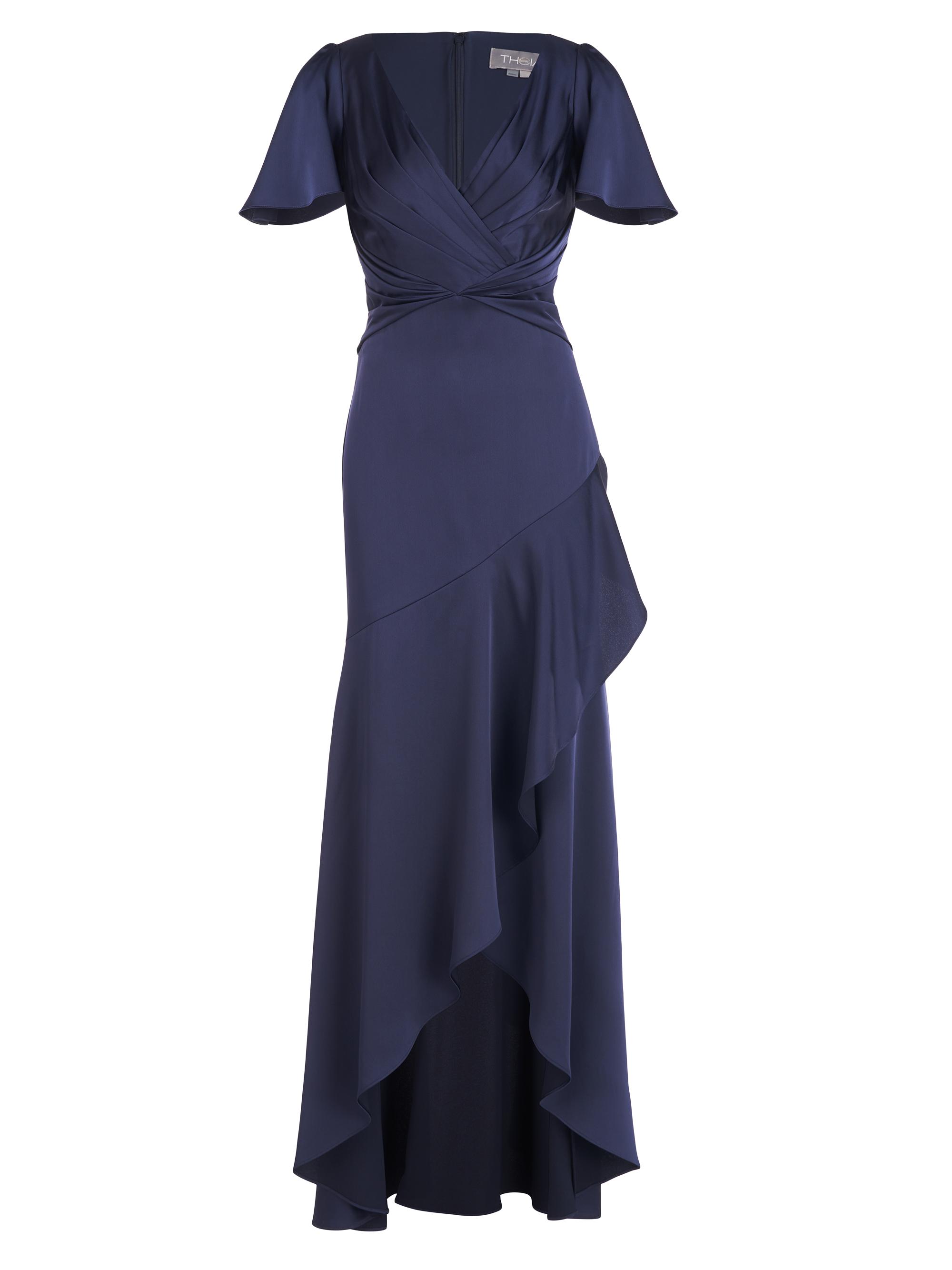 Theia Women's Valencia Flutter-Sleeve Satin Gown - Navy